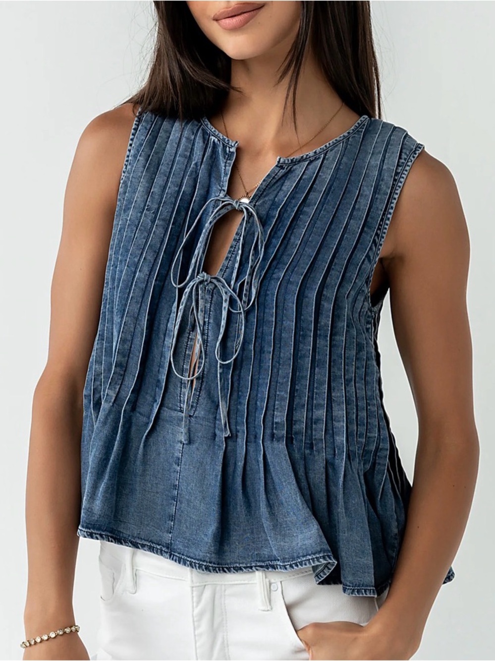 Bohme Caiden Pleated accordion Top tie peplum flowy blue denim blouse medium